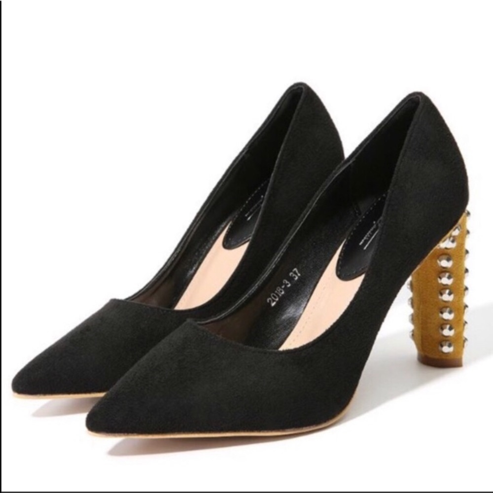 Black + Mustard Suede Rivet Heels - Picture 2 of 7